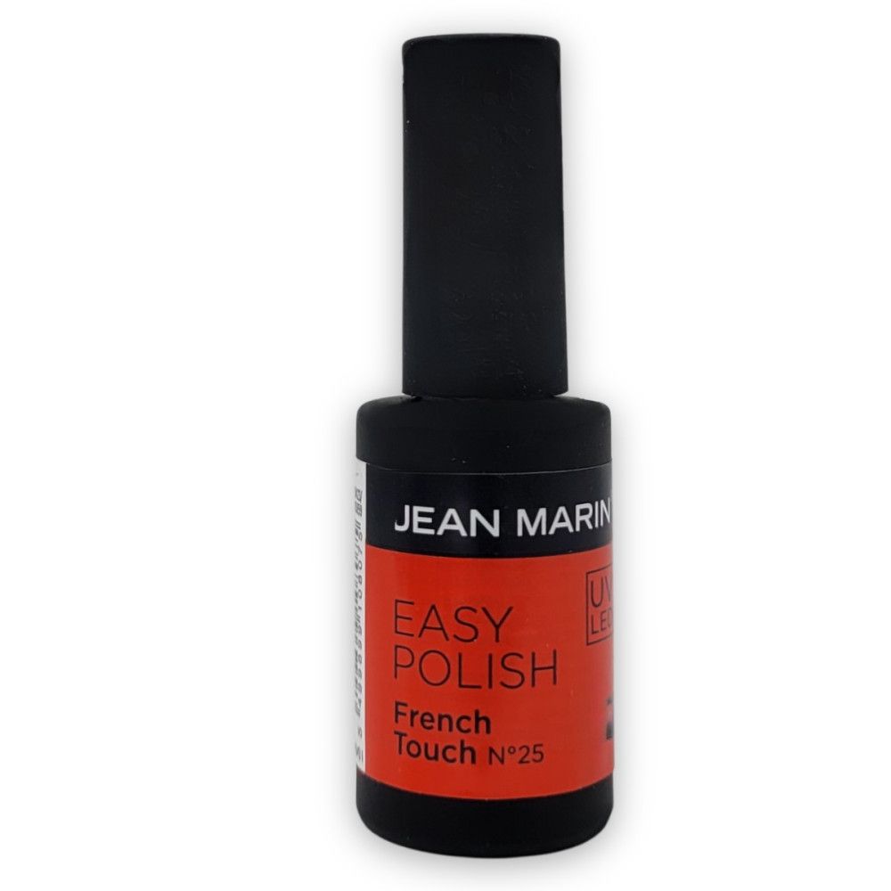 Flacon de vernis à ongles noir. Étiquette rouge avec "EASY POLISH" et "French Touch N°25" de Jean Marin.