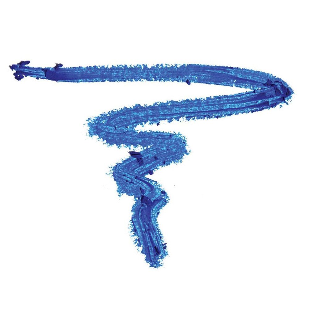 Trait d'eyeliner bleu sur fond blanc. La couleur est intense et opaque.