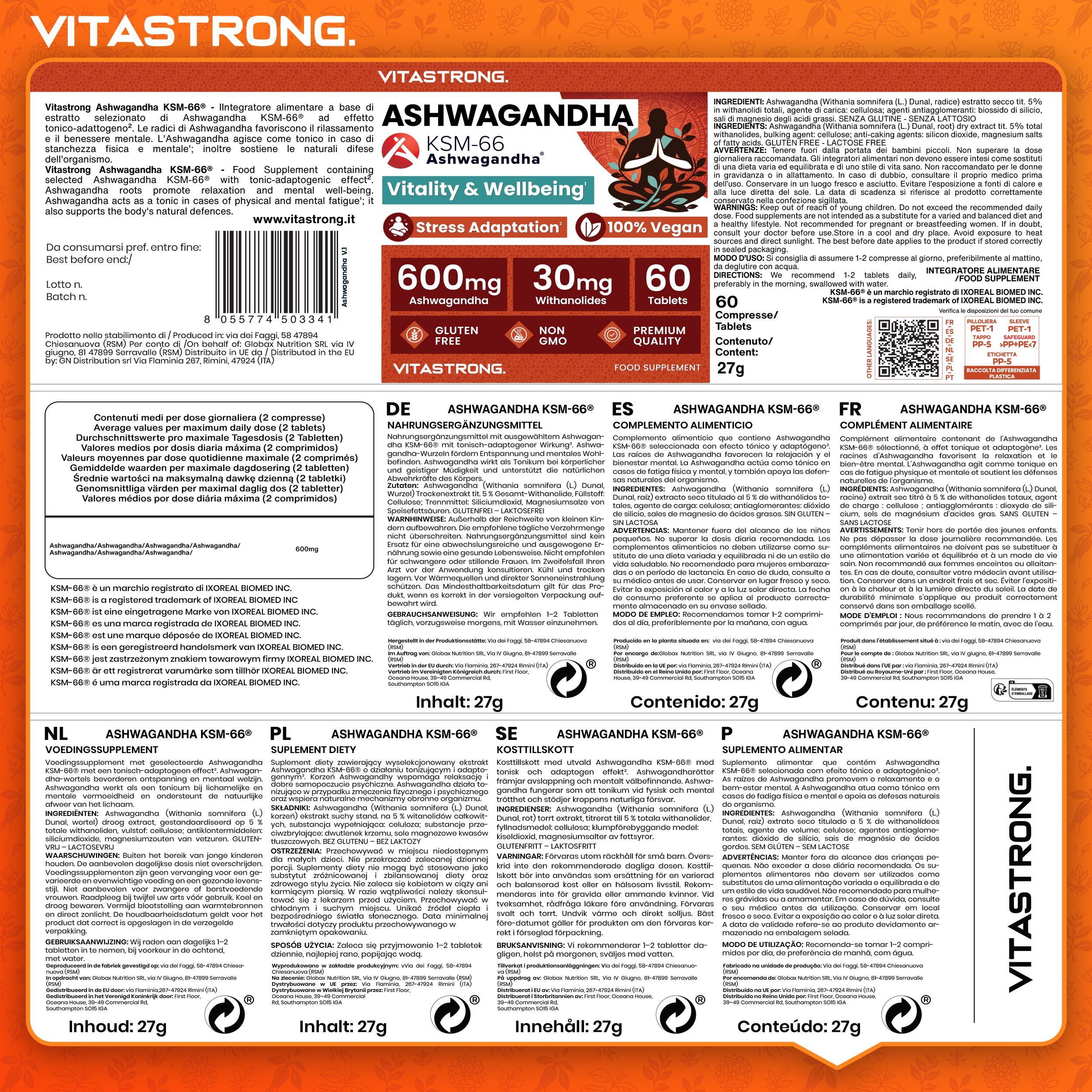 Achterkant van de Vitastrong Ashwagandha KSM-66 verpakking. Tekst in verschillende talen. 60 tabletten.