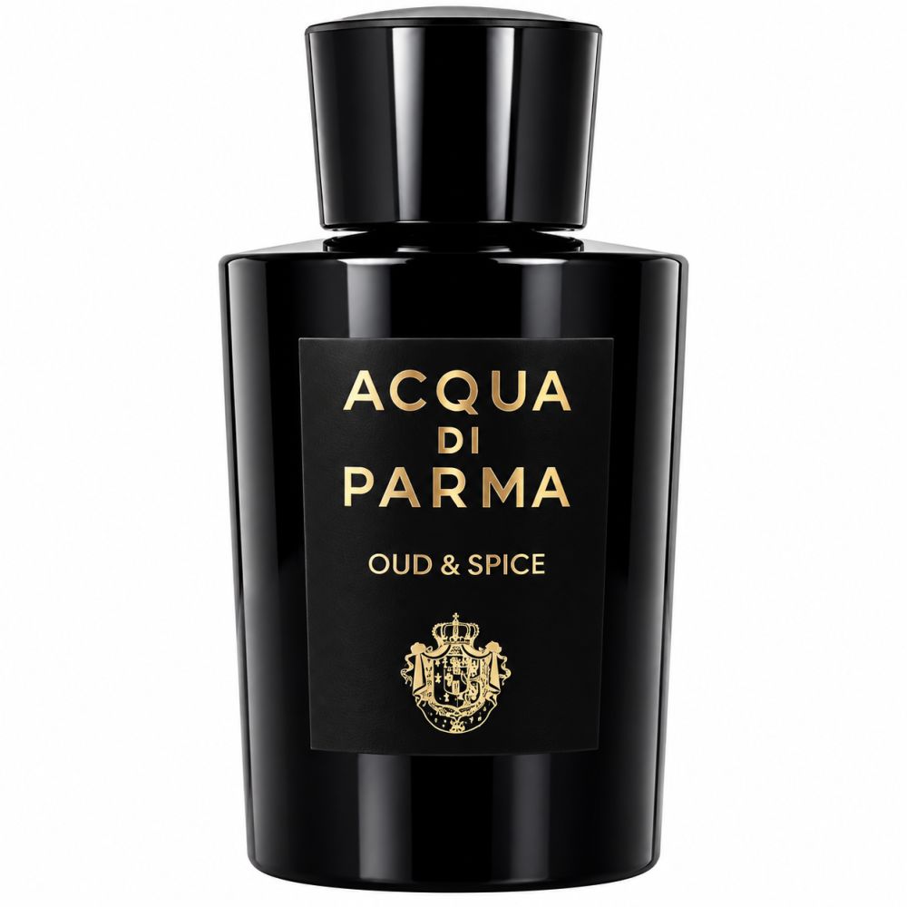 Flacon Acqua di Parma Oud & Spice Eau de Parfum, bouteille en verre noir.
