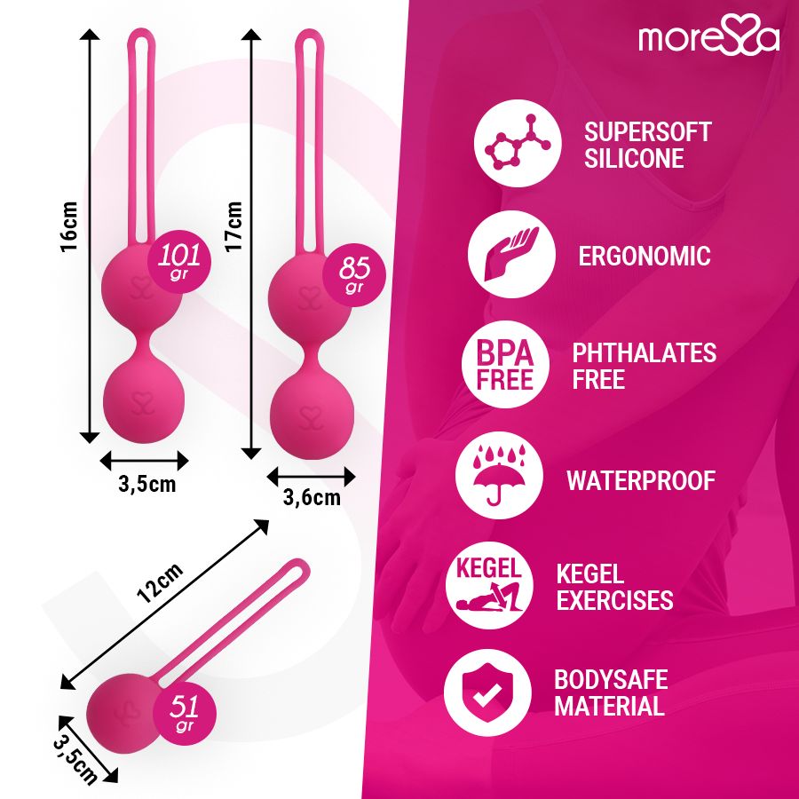 Afmetingen en kenmerken van drie roze siliconen liefdeskogels: supersoft, ergonomisch, waterdicht.