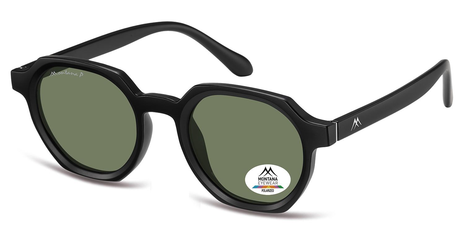 Lunettes de soleil noires, vue latérale. Verres ronds, monture noire. Logo Montana Eyewear sur la branche et autocollant de polarisation.