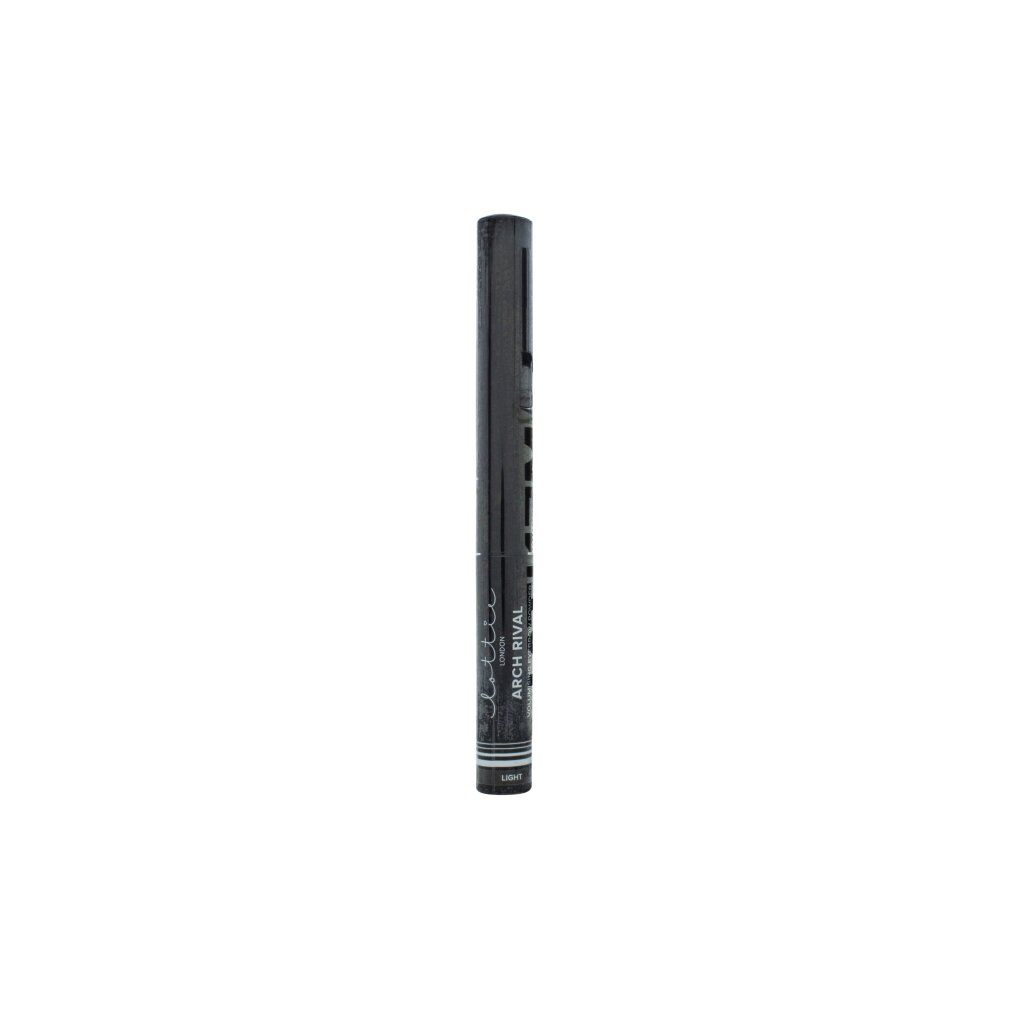Zwarte pen, Lottie London Arch Rival Brow Volume Powder. Verticale weergave. Tekst op de pen.