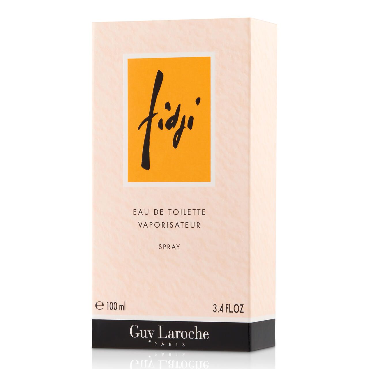 Fidji Eau de Toilette verpakking. Rechthoekige verpakking met geel veld en opschrift Fidji. Zwarte bodem en opschrift Guy Laroche.