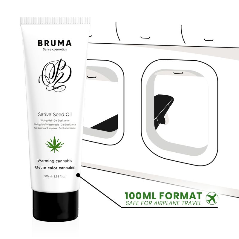 Bruma Sativa Seed Oil tube naast vliegtuigramen. Aanduiding: 100ml, veilig voor vliegreizen.