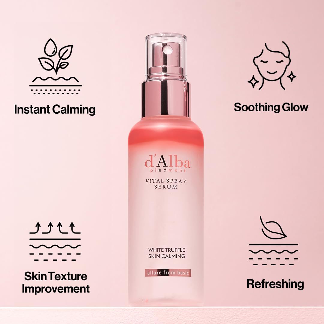 Serum sprayfles met iconen: Instant Calming, Soothing Glow, Skin Texture Improvement, Refreshing.