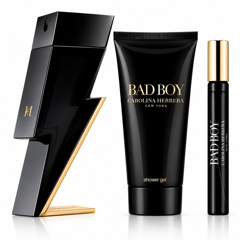 Flacon de parfum Carolina Herrera Bad Boy en forme d'éclair, gel douche et vaporisateur de voyage.