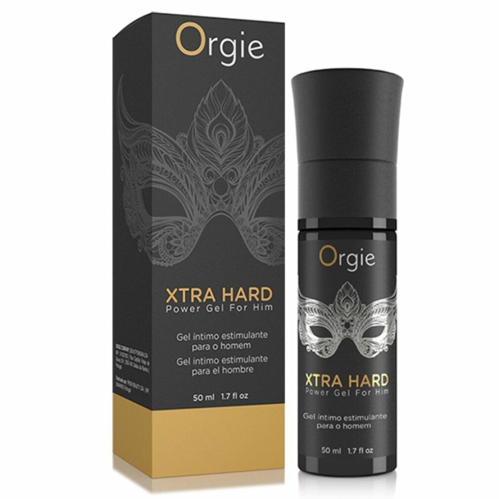 Flacon et emballage noirs. Logo et nom du produit. Texte : XTRA HARD Power Gel For Him. En bas : 50 ml 1.7 fl oz.