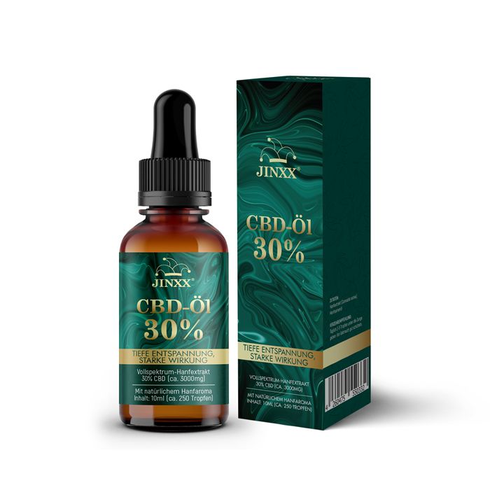 Bruine glazen fles en doos. Fles: "Jinxx" en "CBD-Öl 30%". Doos: zelfde design. Full-spectrum hennep extract. Gouden accenten.
