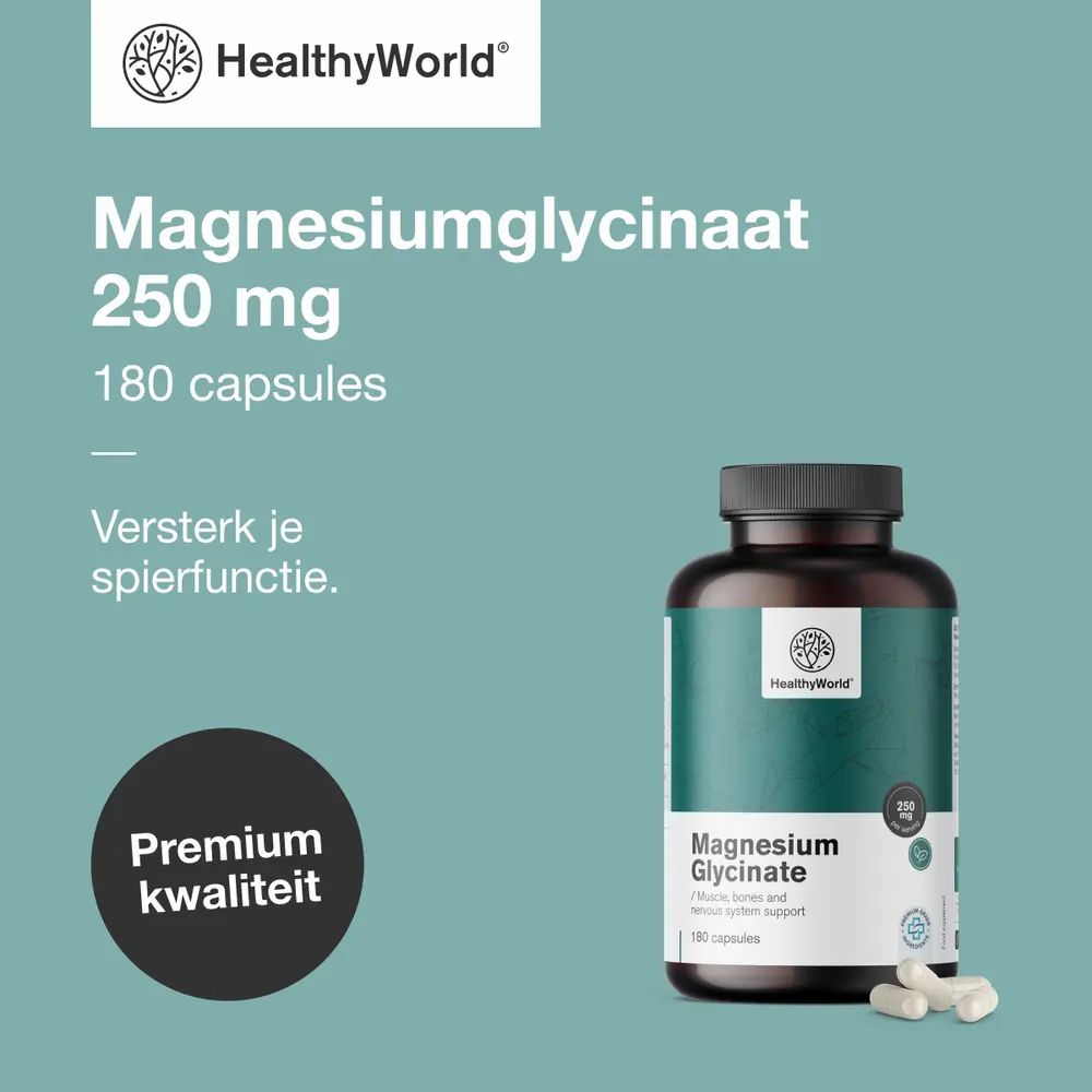 Fles Magnesiumglycinaat 250 mg, 180 capsules. Tekst: Versterk je spierfunctie. Merk: HealthyWorld.