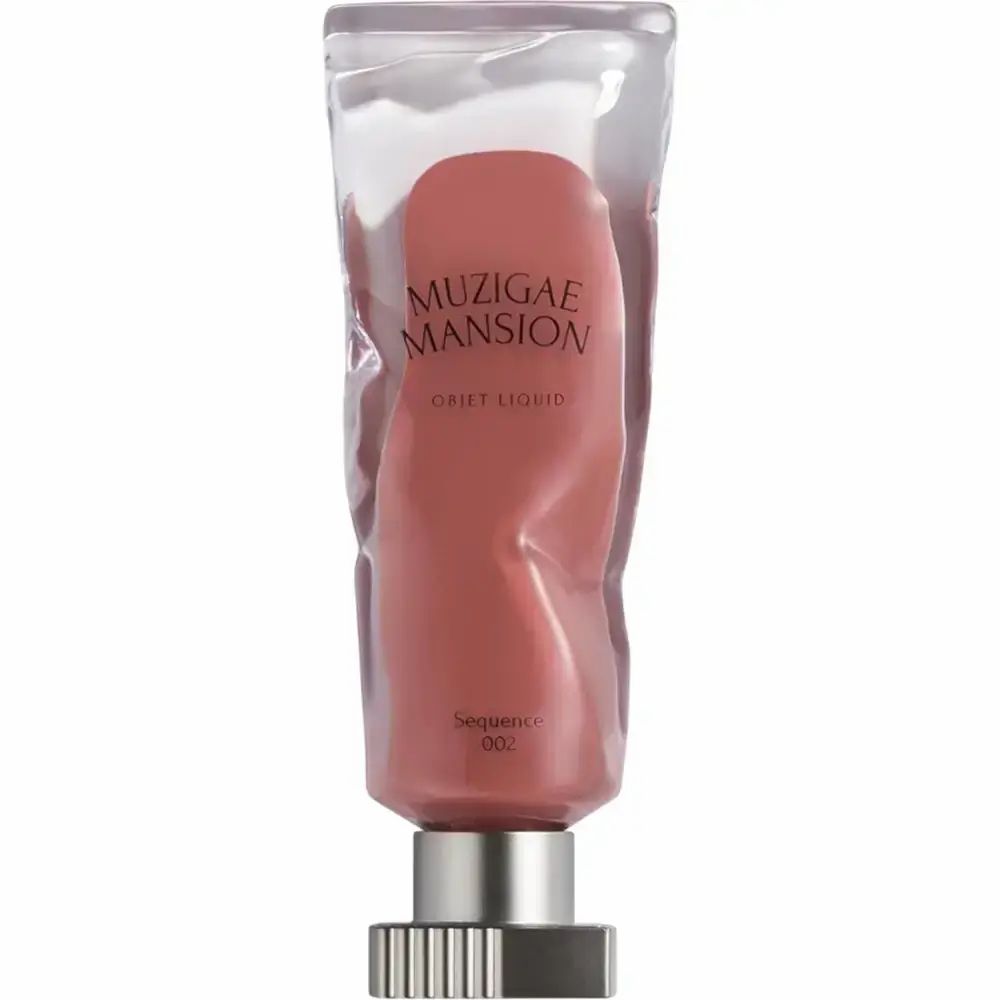Objet Liquid Lip Tint. Transparante tube met roze inhoud. Merk: MUZIGAE MANSION. Opschrift: Objet Liquid, Sequence 002.