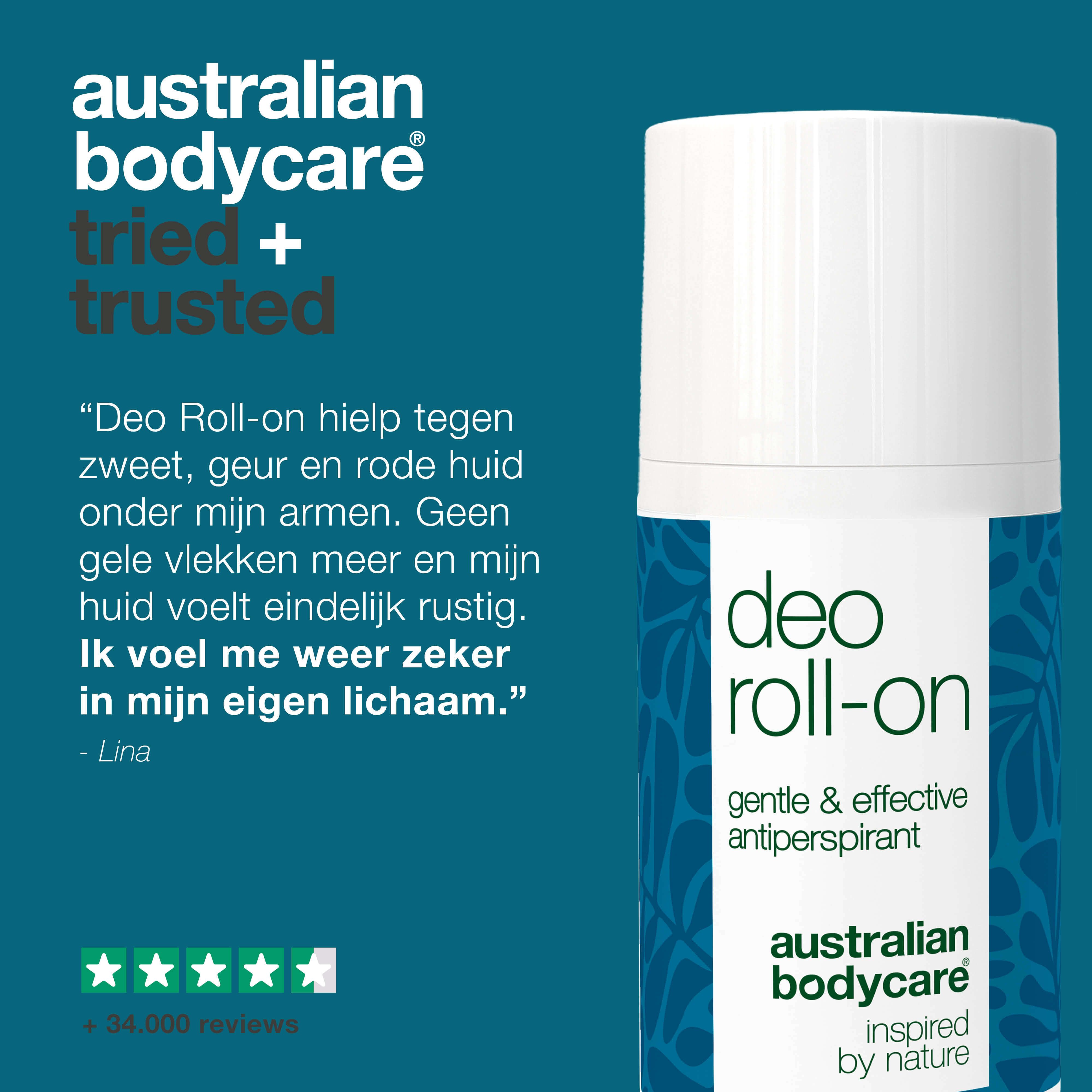 Deo Roll-on. Tekst: gentle & effective antiperspirant. Australian Bodycare. Ervaringsverhaal. 5 sterren beoordeling.