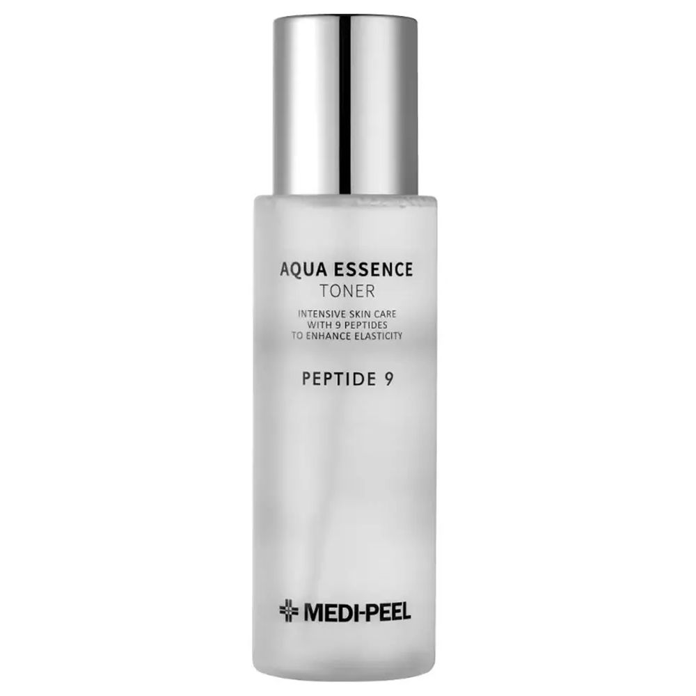 Medi-Peel Peptide 9 Aqua Essence Toner in matglazen fles met zilveren dop.