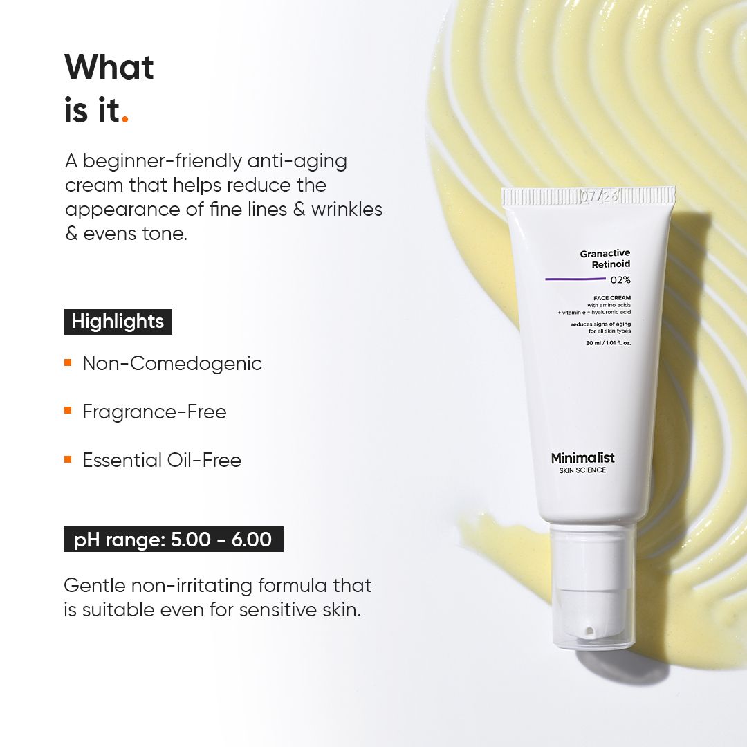 Witte tube met product. Tekst: Granactive Retinoid 02% Face Cream. Gele crème op de achtergrond.
