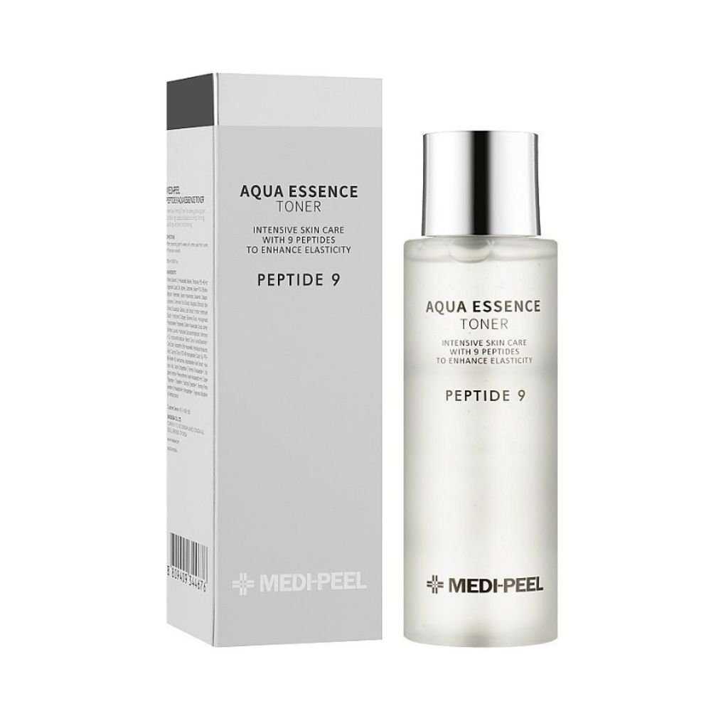 Medi-Peel Peptide 9 Aqua Essence Toner met verpakking. Matglazen fles met zilveren dop.