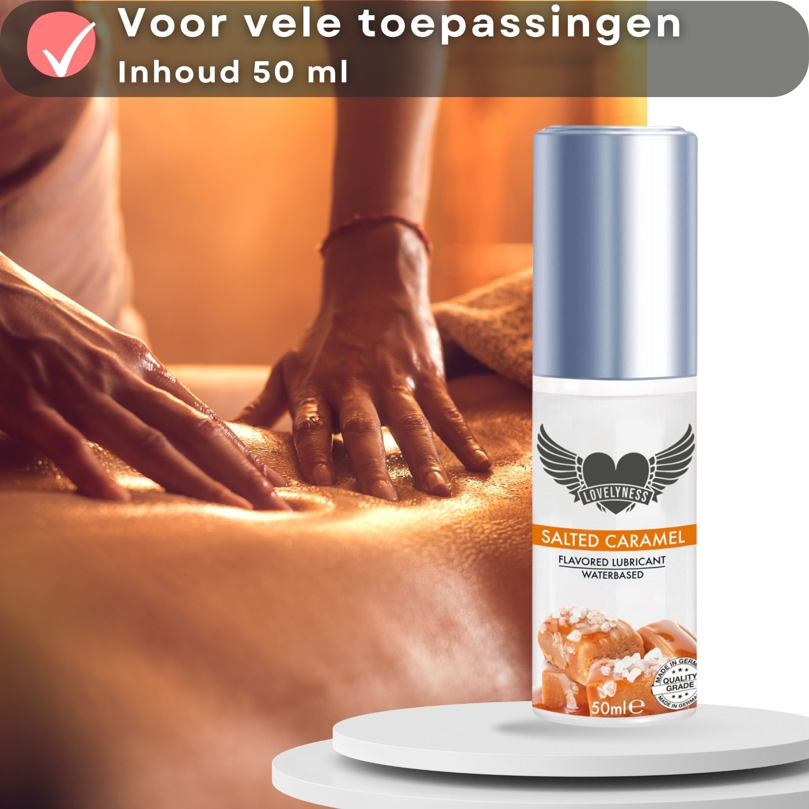 Glijmiddel met karamelsmaak. Fles met zilveren dop. Voor vele toepassingen. Massage.