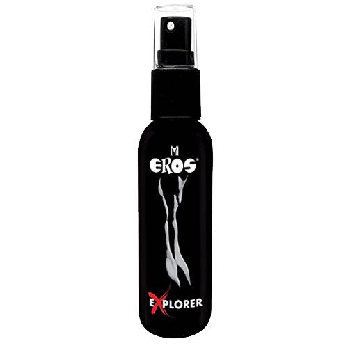 Flacon pulvérisateur noir avec logo et texte blancs. Le texte indique "EROS Explorer". Tête de pulvérisation transparente.