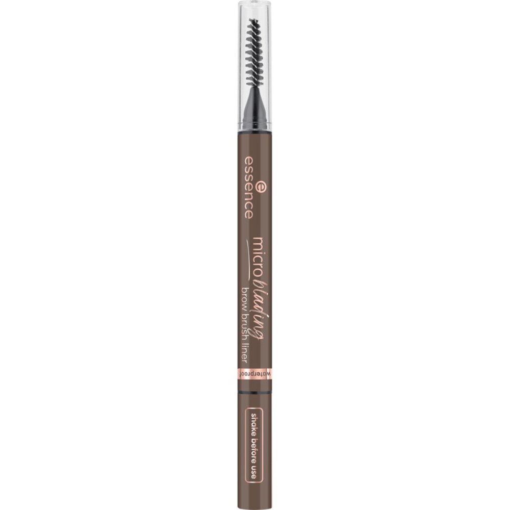 Crayon à sourcils avec brosse. Crayon brun foncé avec texte. Capuchon transparent. Inscription: Microblading brow brush liner.