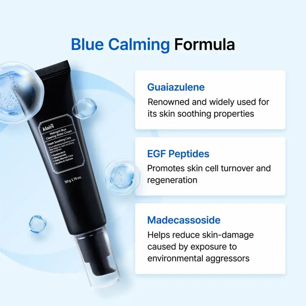 Informations sur le produit et les ingrédients. Texte: Guaiazulène, Peptide EGF, Madécassoside. Cercles bleus.