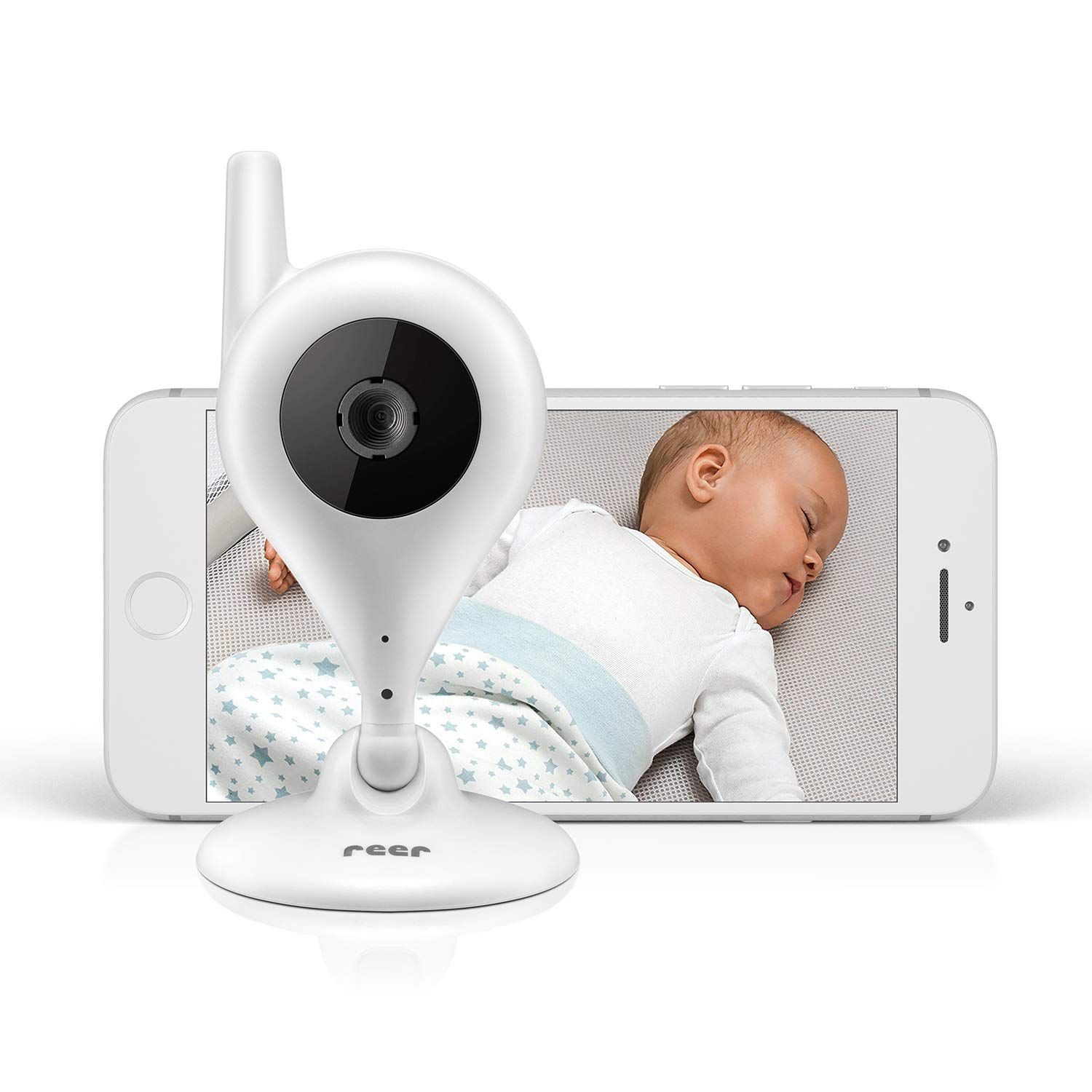 Babyfoon met camera en smartphone display. Wit apparaat met antenne, toont baby op het scherm.