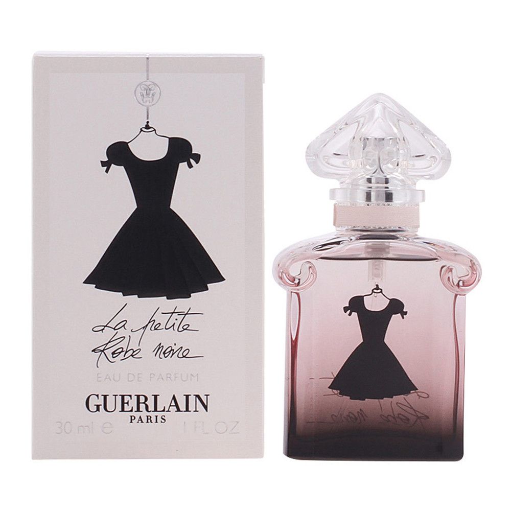 Parfumfles en doos. Fles met zwart jurk-ontwerp. Doos met jurk-illustratie en tekst. Merk Guerlain.