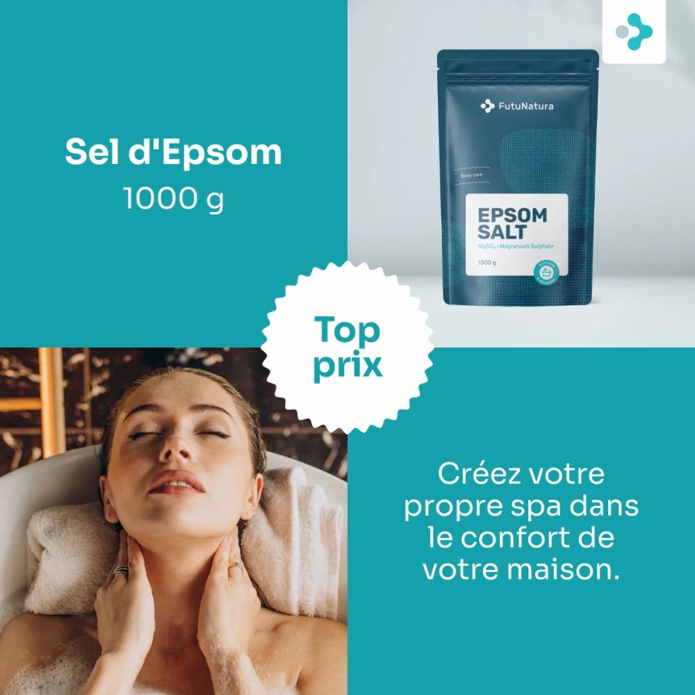 Emballage de sel d'Epsom à côté d'une femme dans un bain. Texte: Sel d'Epsom, 1000 g, Top prix. Marque: FutuNatura. Texte: Créez votre propre spa dans le confort de votre maison.