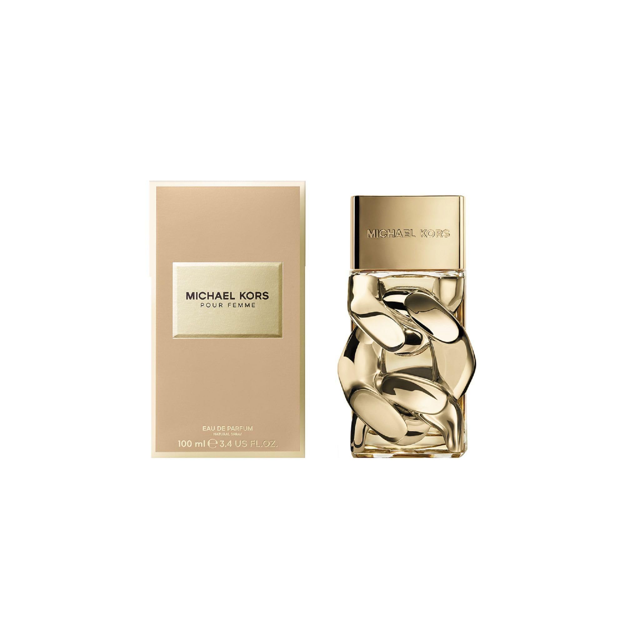 Gouden fles en verpakking. "MICHAEL KORS POUR FEMME" op de verpakking.