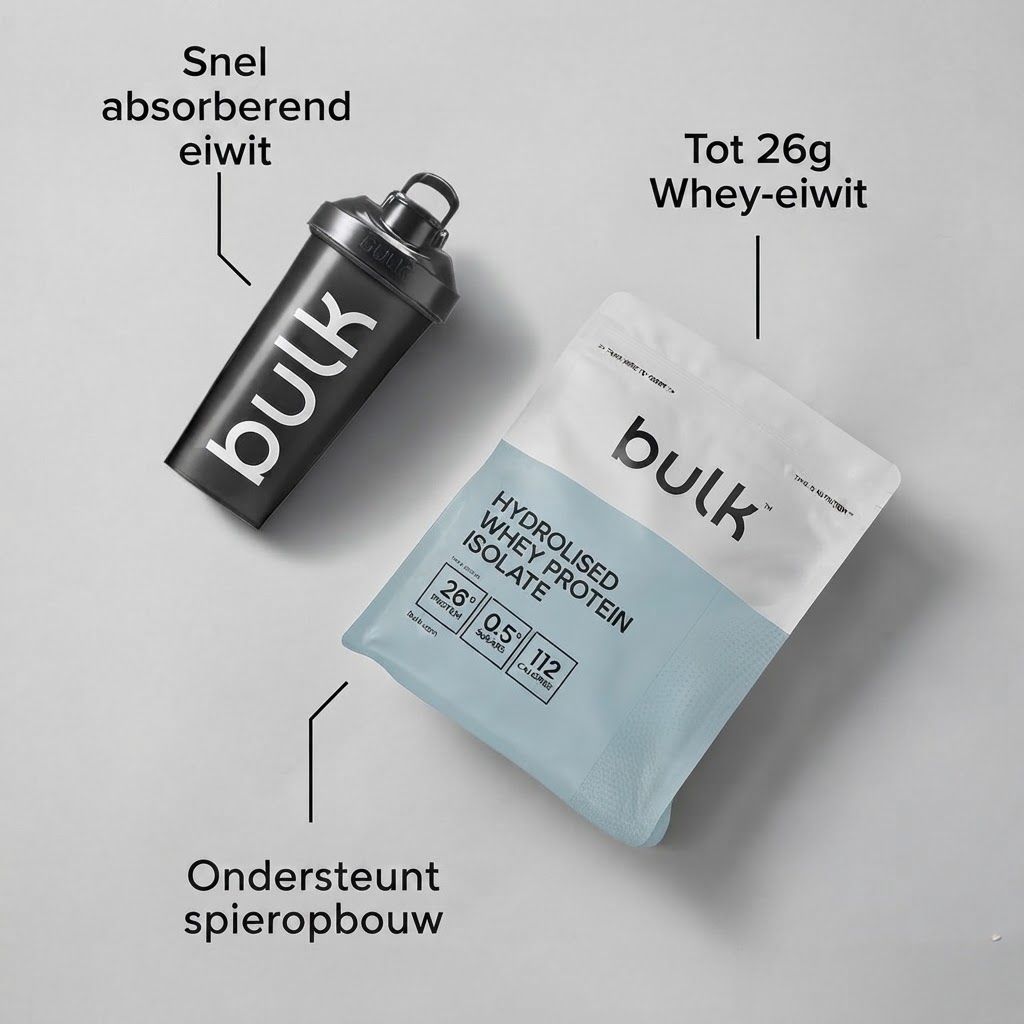 Een zwarte shaker en een pak Bulk Hydrolised Whey Protein Isolate.
