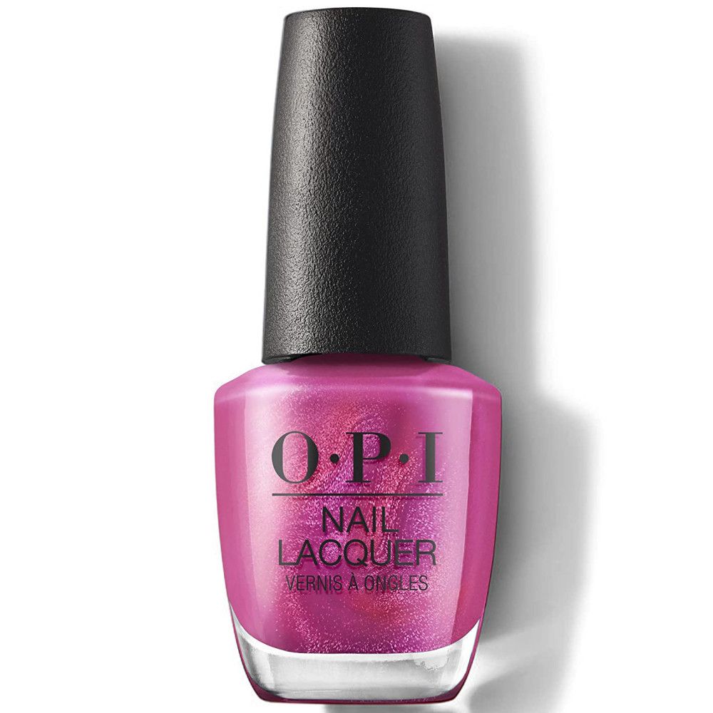 OPI Nagellacke fles in roze met zwarte dop. Productnaam en merk zichtbaar.