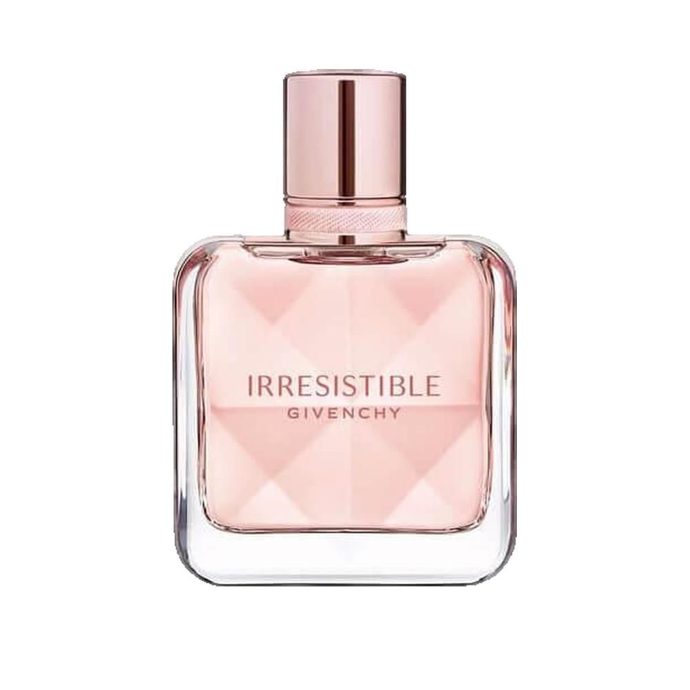 Givenchy Irresistible Eau de Parfum. Vierkante glazen flacon met roze vloeistof. Roze dop. Opschrift: Irresistible, Givenchy.