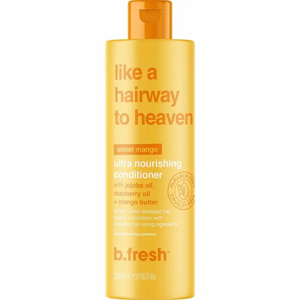 Gele fles "Like a Hairway to Heaven". Ultra voedende conditioner met jojoba-olie, frambozenolie en mangoboter. Merk: b.fresh.