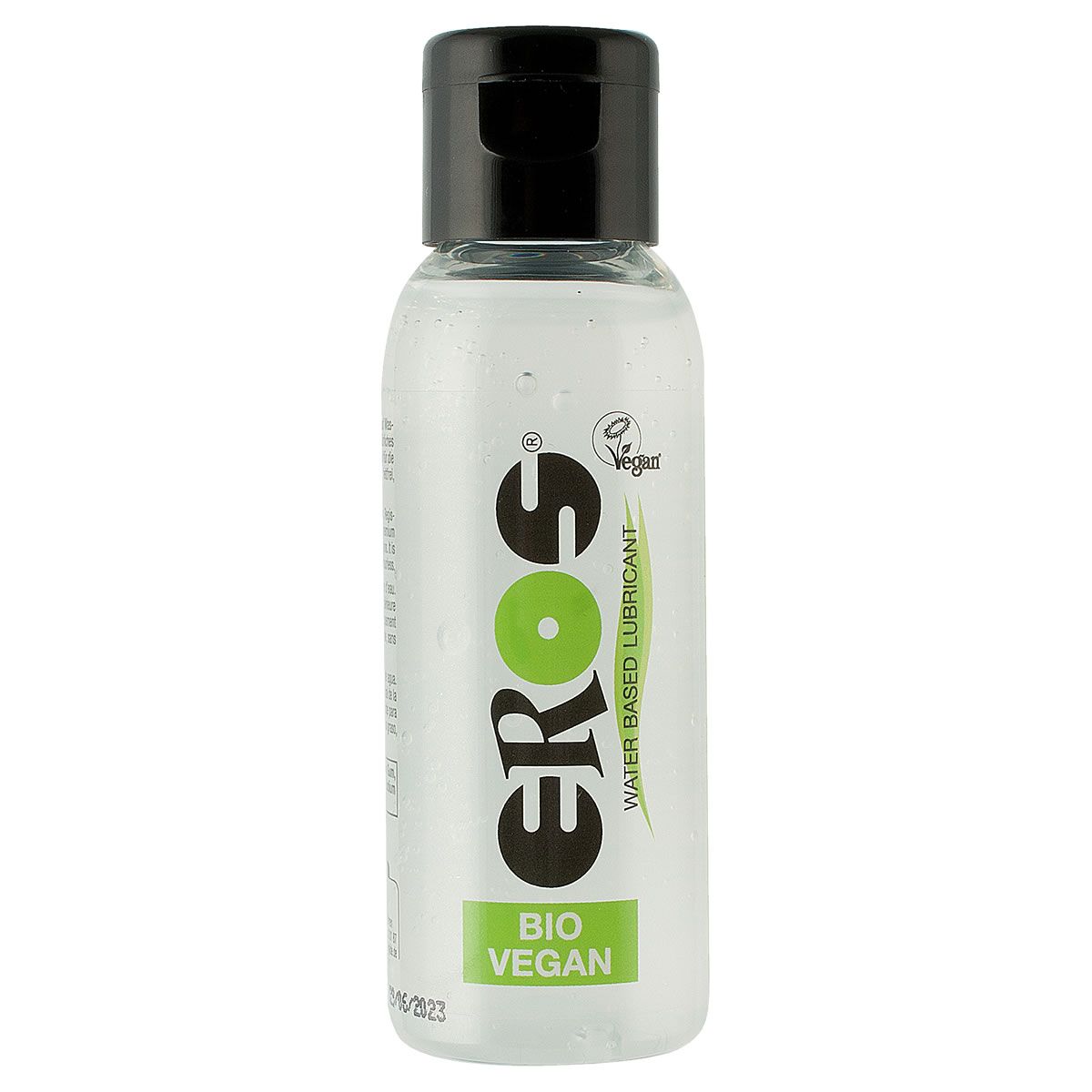 Flacon transparent avec bouchon noir. Inscription EROS, BIO VEGAN. Label Vegan.