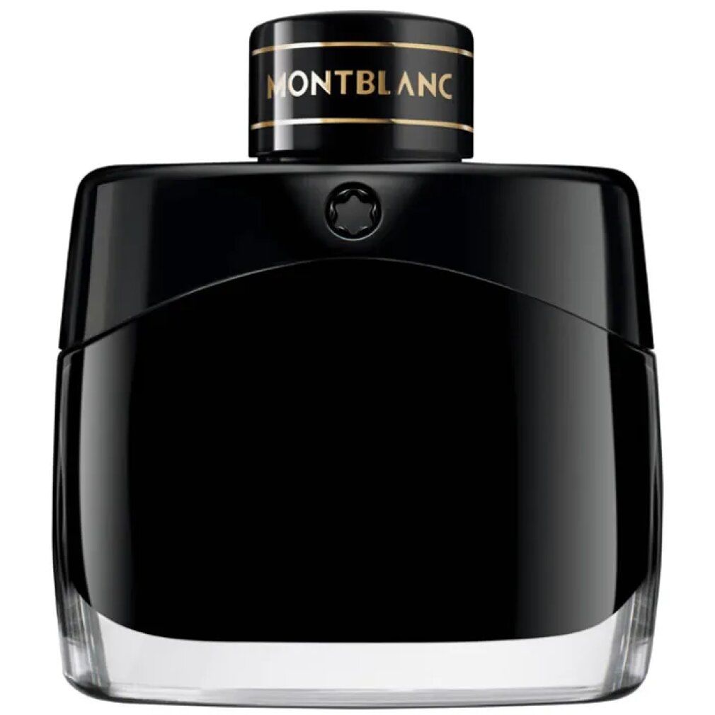 Flacon noir de Montblanc Legend Eau de Parfum. Bouchon noir avec lettrage doré. Logo Montblanc.