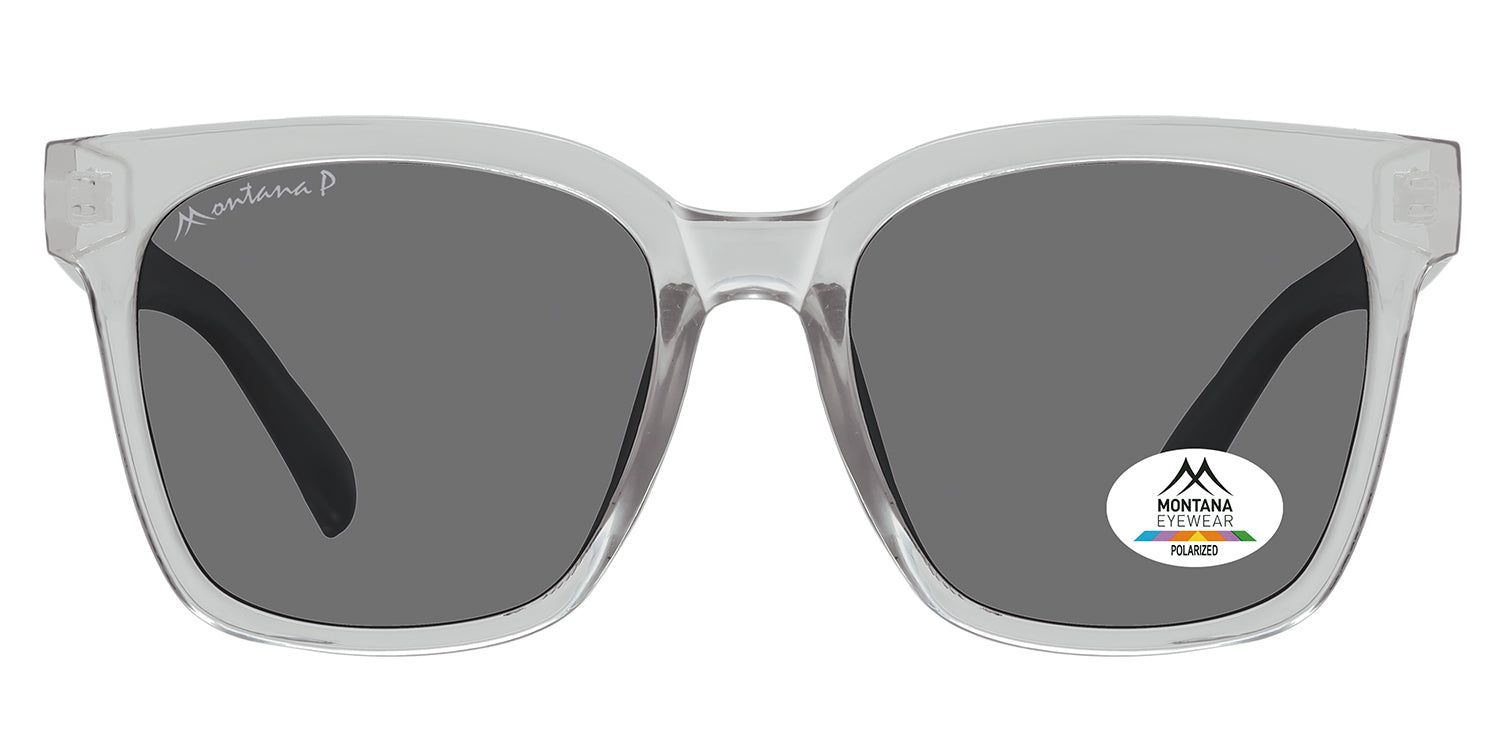 Zonnebril met grijze glazen en transparant montuur. Montana Eyewear logo op glas en poot. Gepolariseerd.