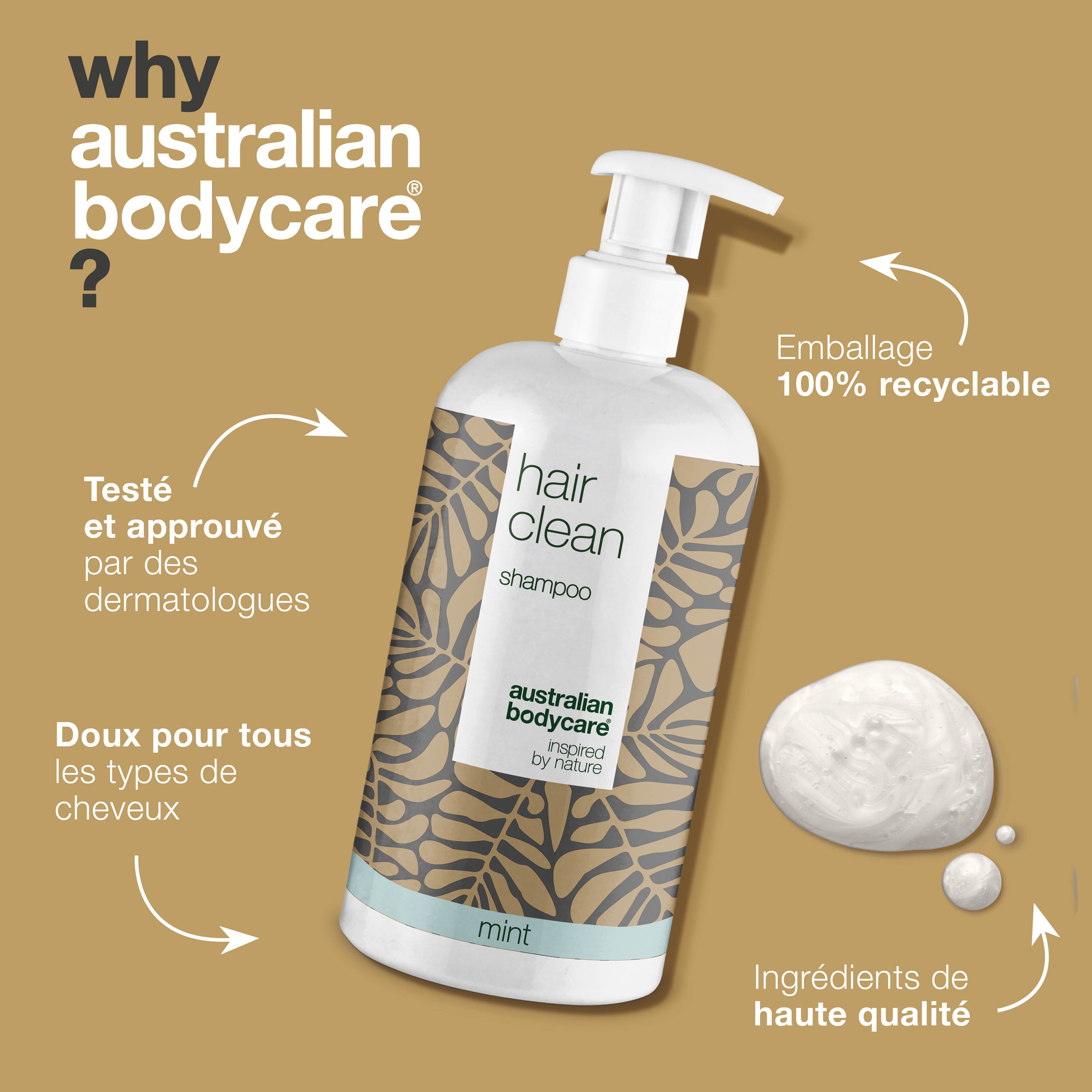 Flacon de shampooing avec texte. Inscription : Hair Clean, Australian Bodycare. Texte : Testé et approuvé par des dermatologues.