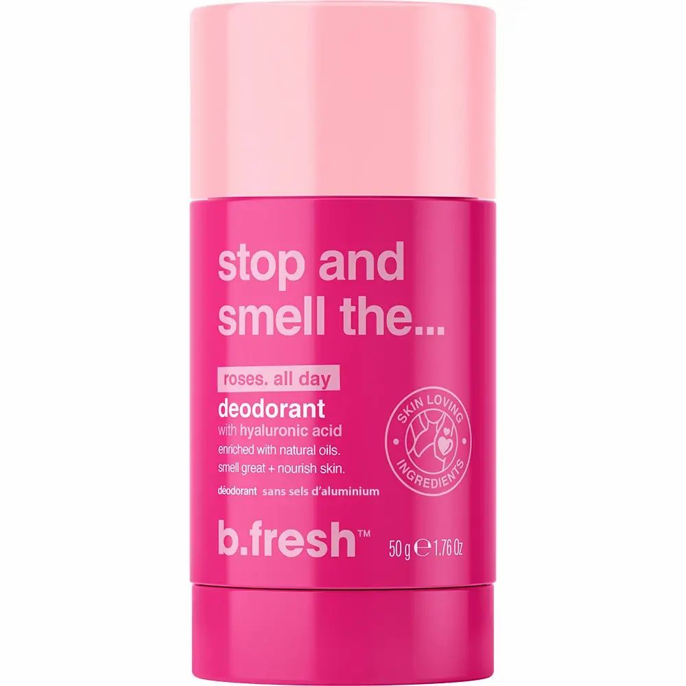 Roze deodorantstick. Tekst: Stop and smell the... roses. all day. Deodorant met hyaluronzuur. B.fresh. Skin loving ingredients.