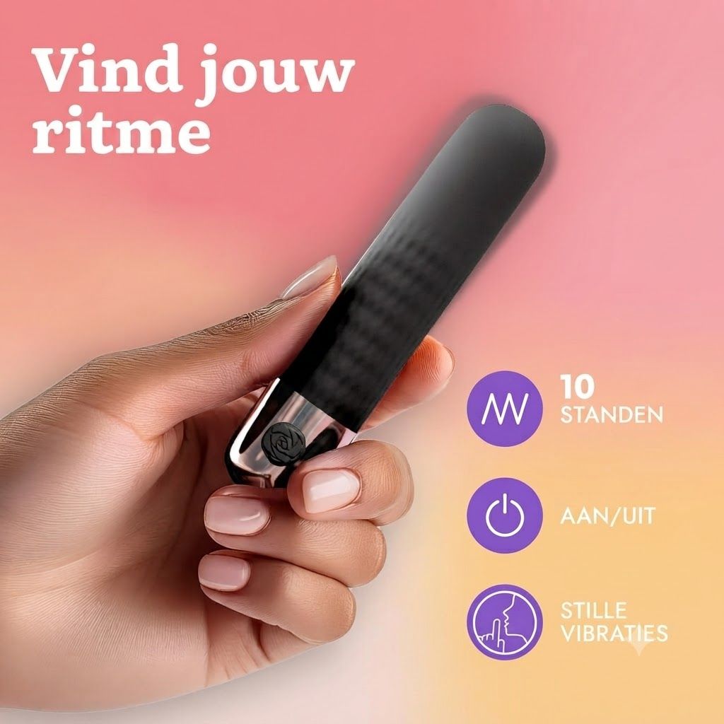 Zwarte staafvormige massager met zilveren accent en bedieningsknop. Toont 10 standen, aan/uit en stille vibraties.