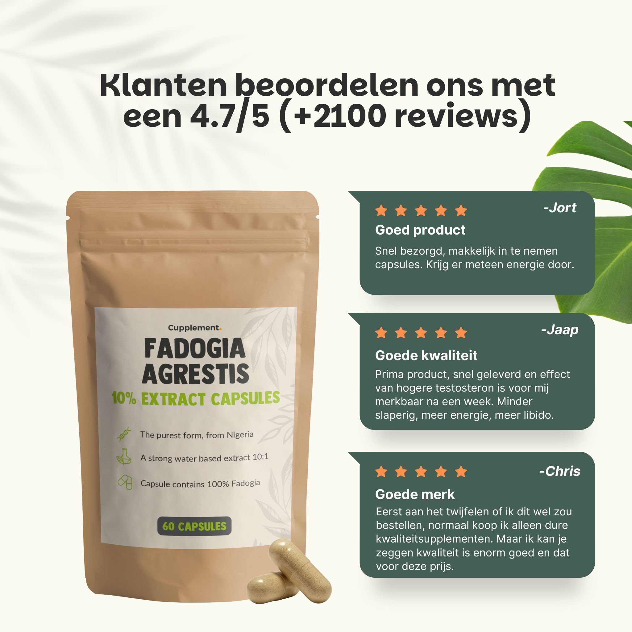 Zakje met 60 capsules. Opschrift: Fadogia Agrestis 10% Extract Capsules. Klantbeoordeling 4,7/5.