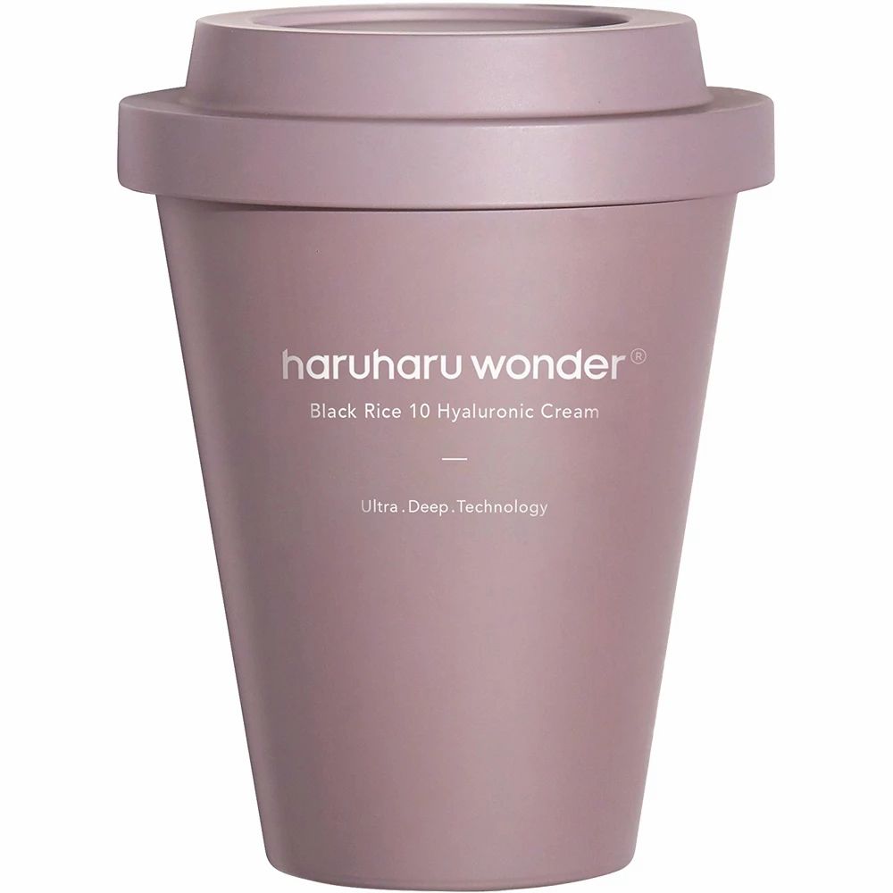 Pot rose avec couvercle. Inscription : haruharu wonder Black Rice 10 Hyaluronic Cream. Ultra. Deep. Technology.