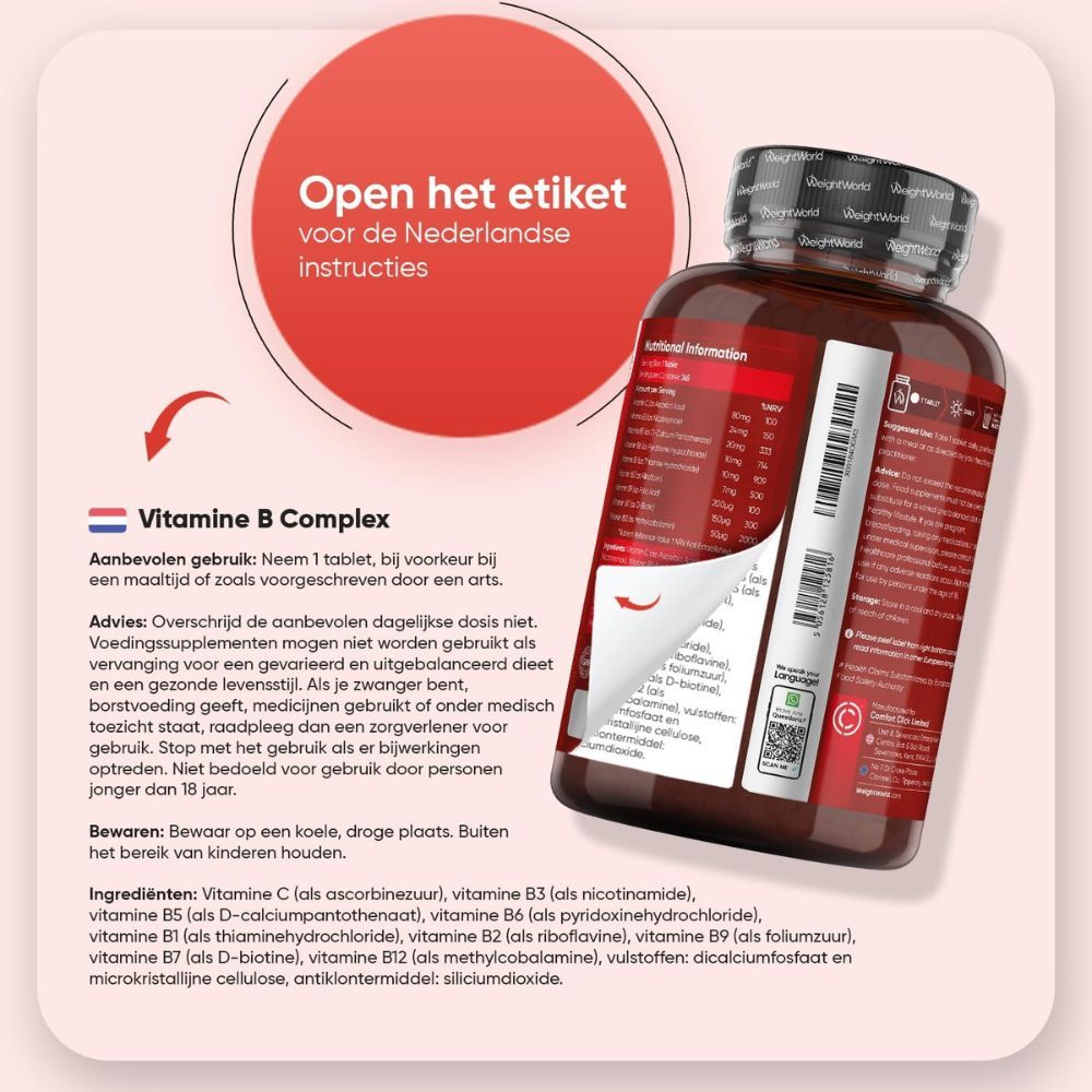 Fles Vitamine B Complex. Tekst: Gebruiksaanwijzing in het Nederlands. Bevat ingrediënten en waarschuwingen.