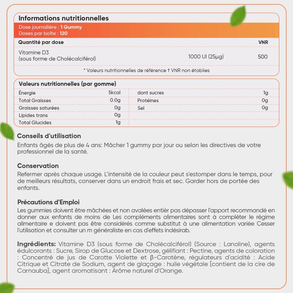 Tableau nutritionnel des gummies Vitamine D3. Texte : maxmedix. Ingrédients, recommandations, analyse nutritionnelle, stockage.