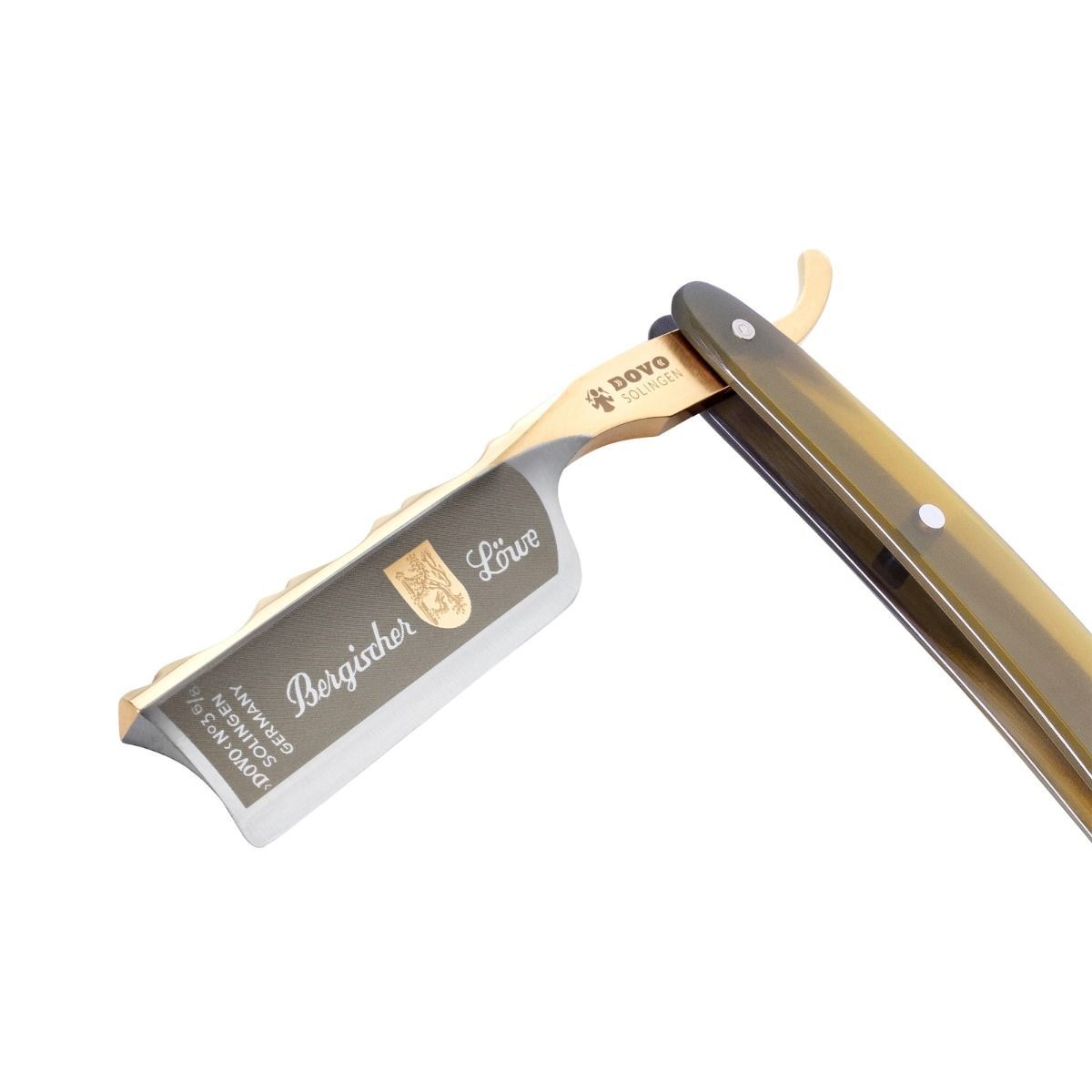 Scheermes met handvat. Lemmet met opschrift "Bergischer Löwe" en logo. Merk DOVO Solingen.