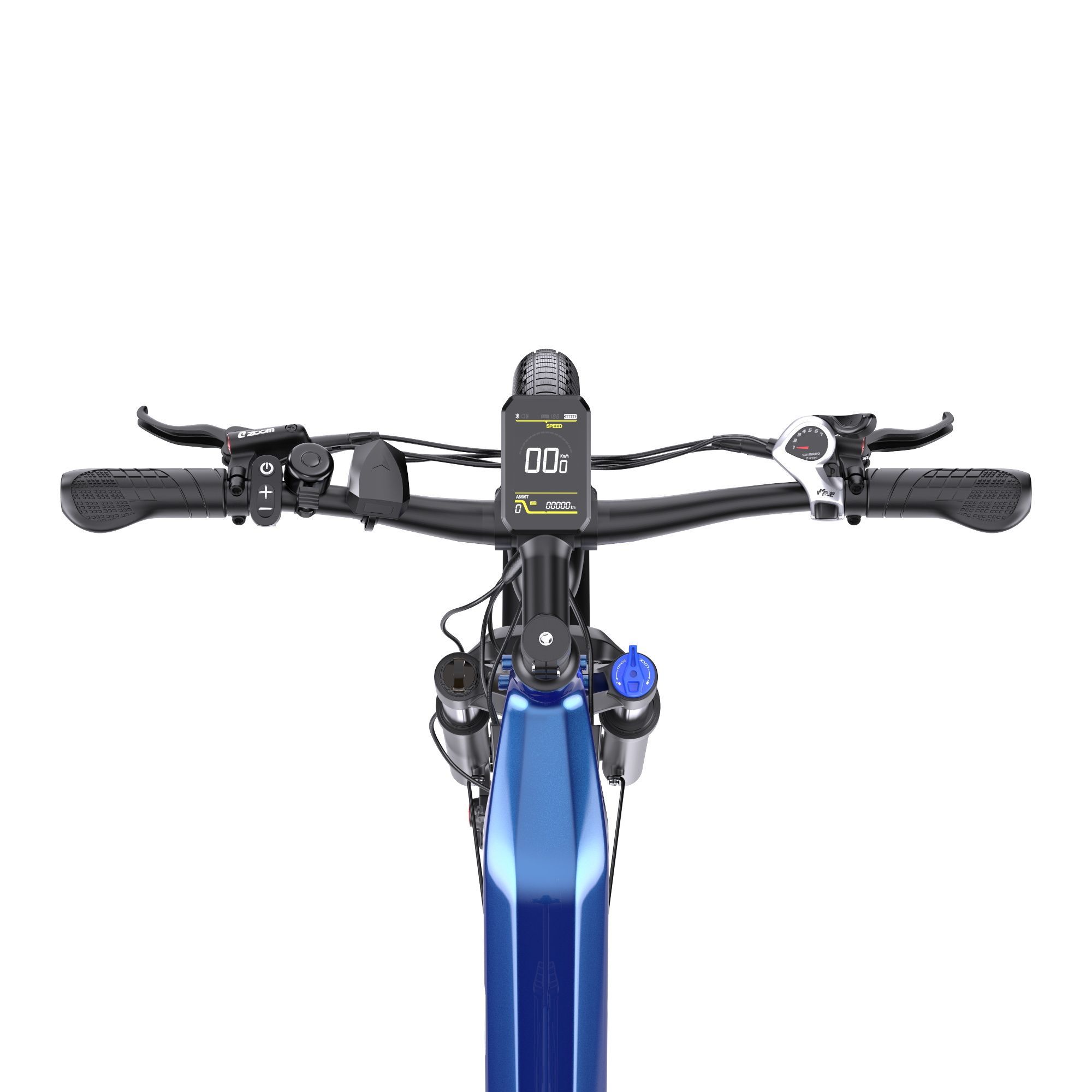 Guidon de vélo électrique avec écran, commandes et fourche bleue.