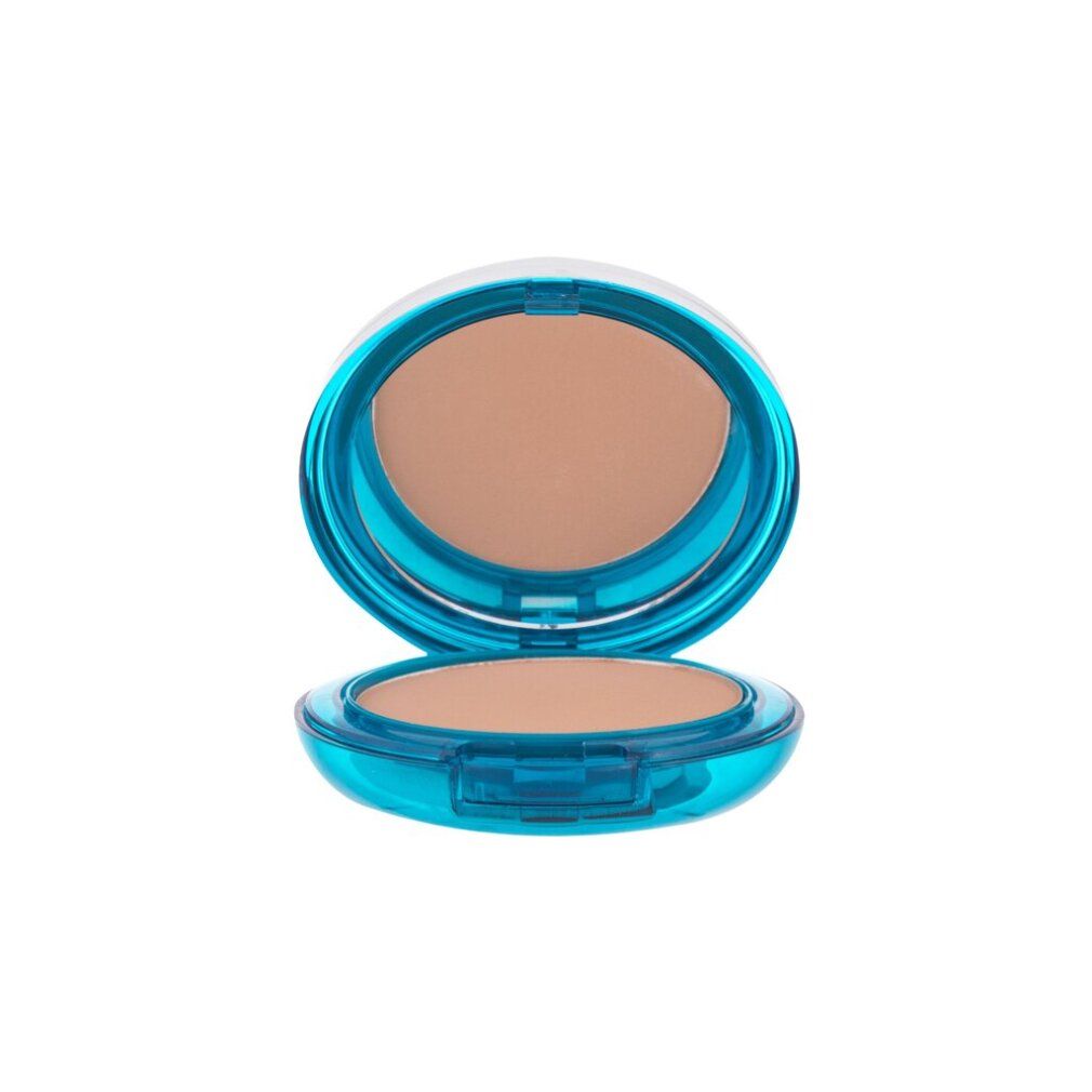 Open blauwe poederdoos met spiegel en poeder. Lichtbruine kleur.