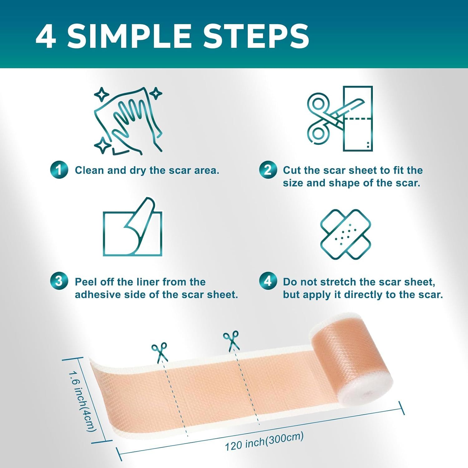 Instructies in 4 stappen: reinigen, verband knippen, beschermfolie verwijderen, aanbrengen. Rol verband.