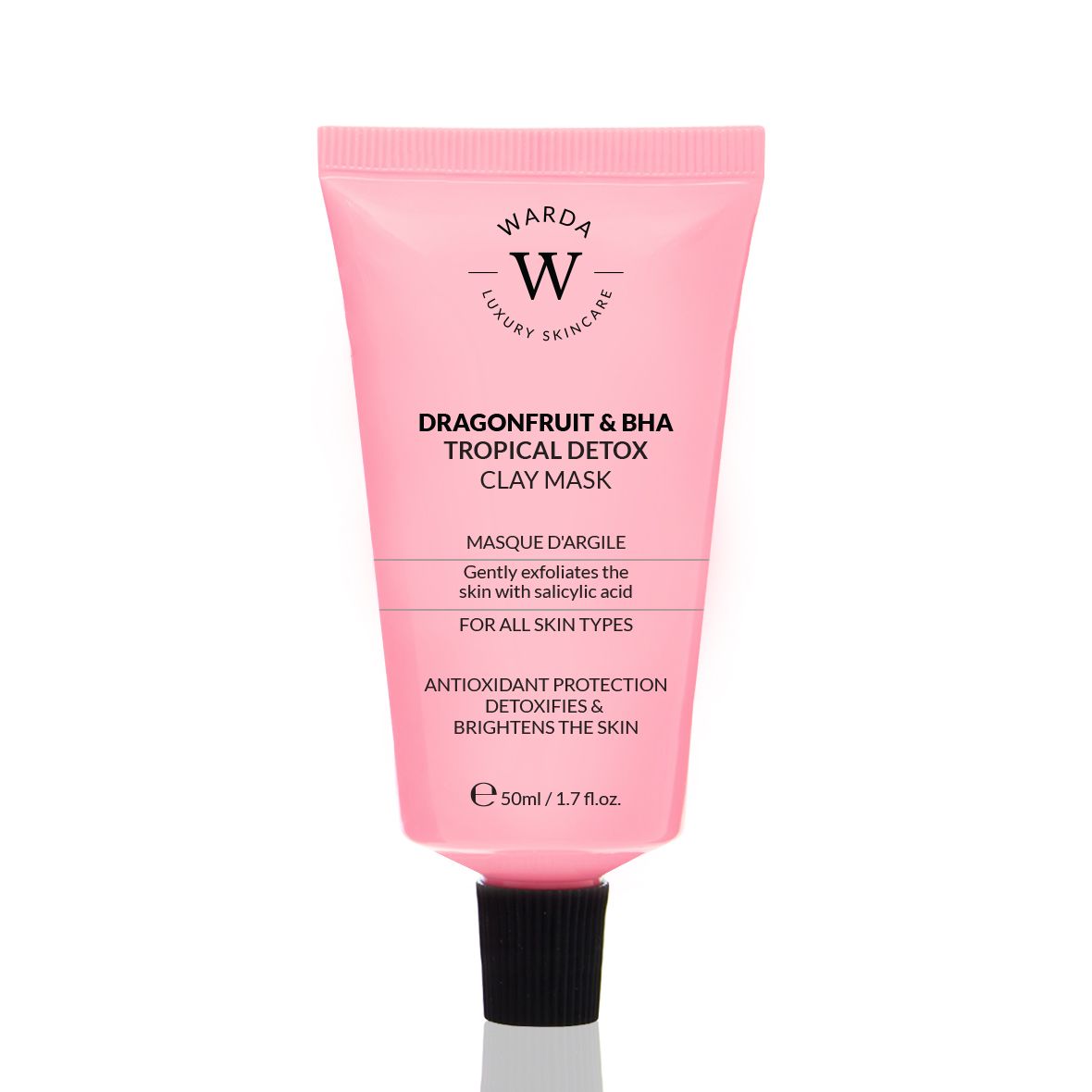 Tube rose et bouchon noir. Inscription: Dragonfruit & BHA Tropical Detox Clay Mask. 50ml.