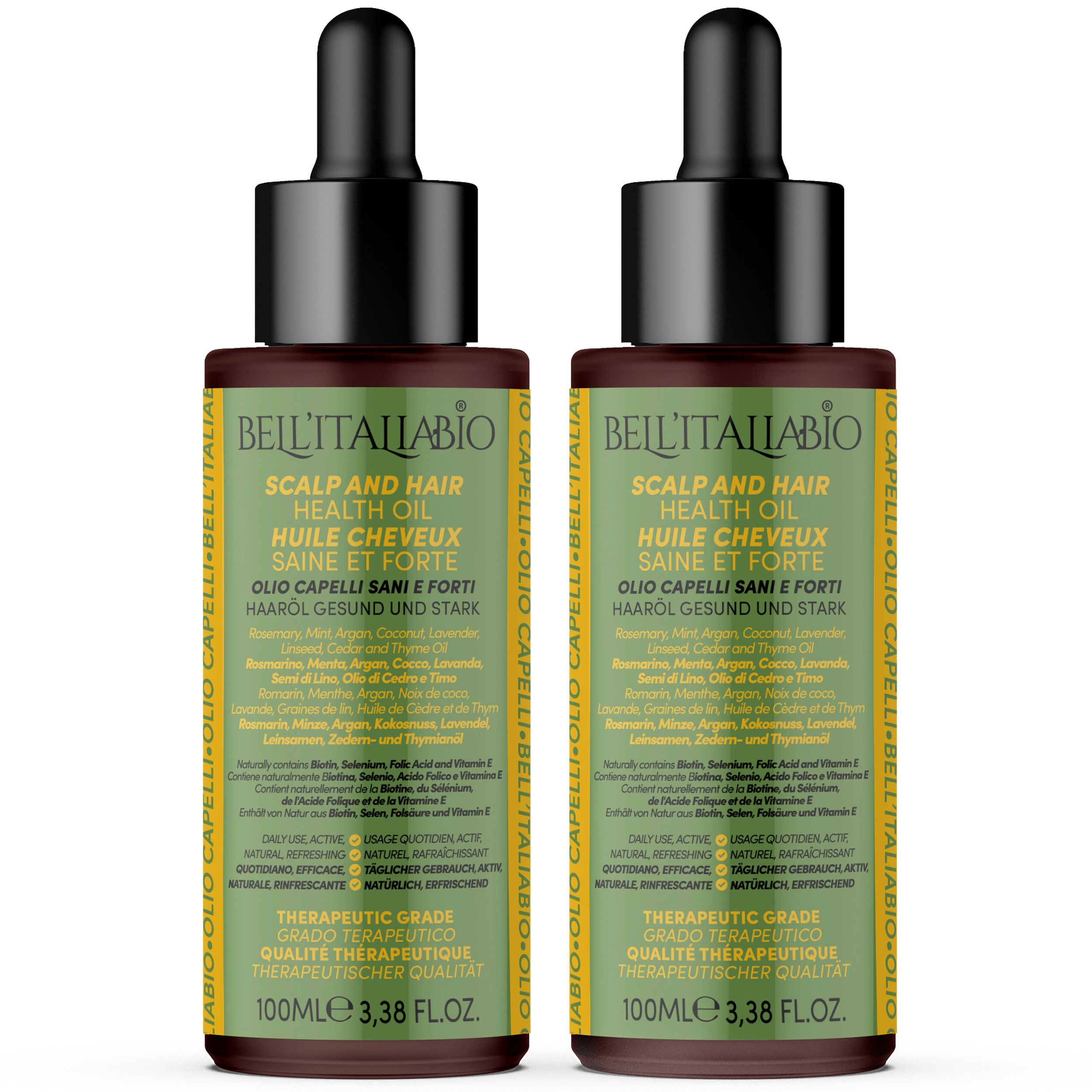 Twee flessen haarolie. Bruine flessen met zwarte dop en pipet. Opschrift: Bell'Italiabio, Scalp and Hair Health Oil.