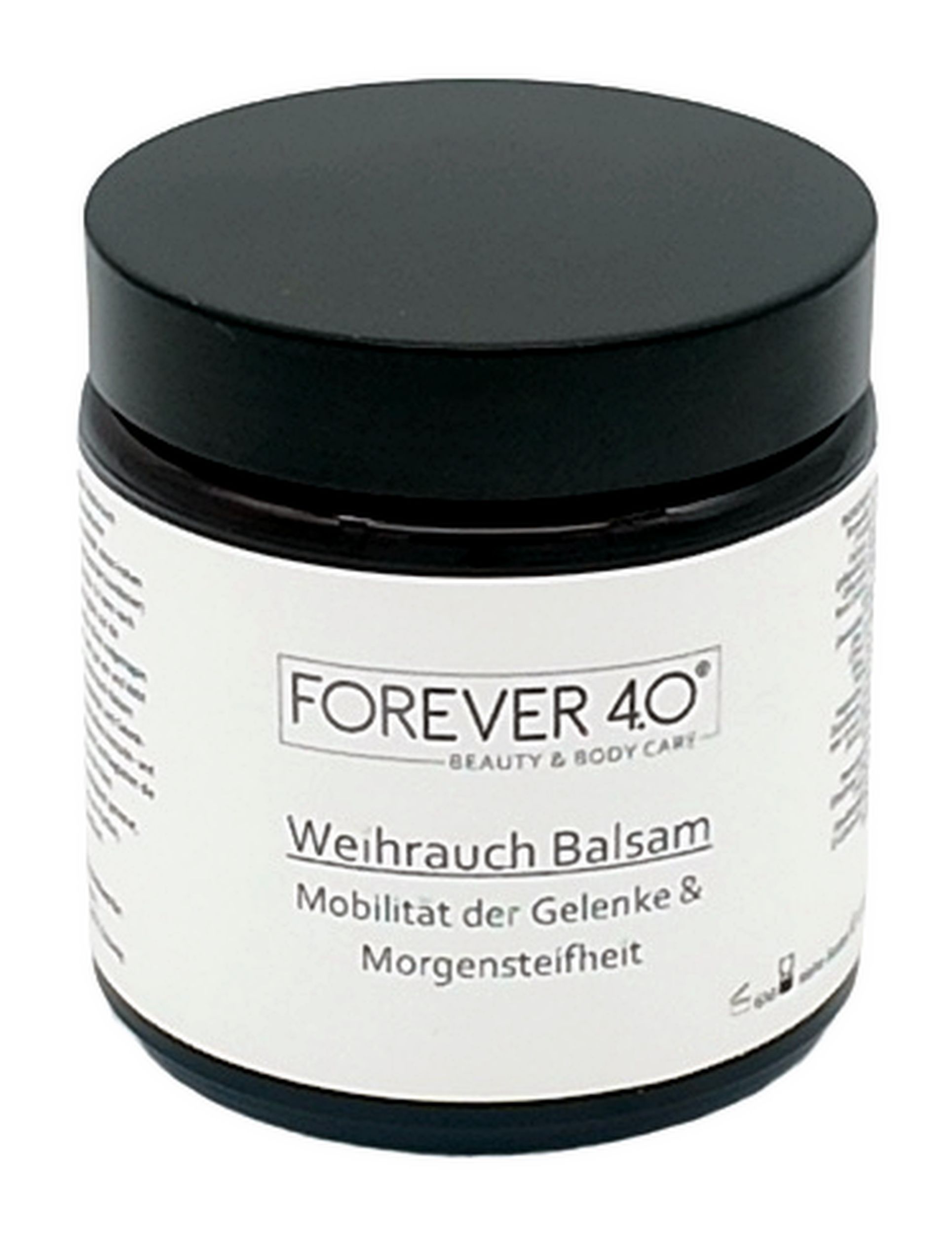 Ronde pot met zwarte deksel. Op het etiket staat "FOREVER 4.0" en "Weihrauch Balsam".