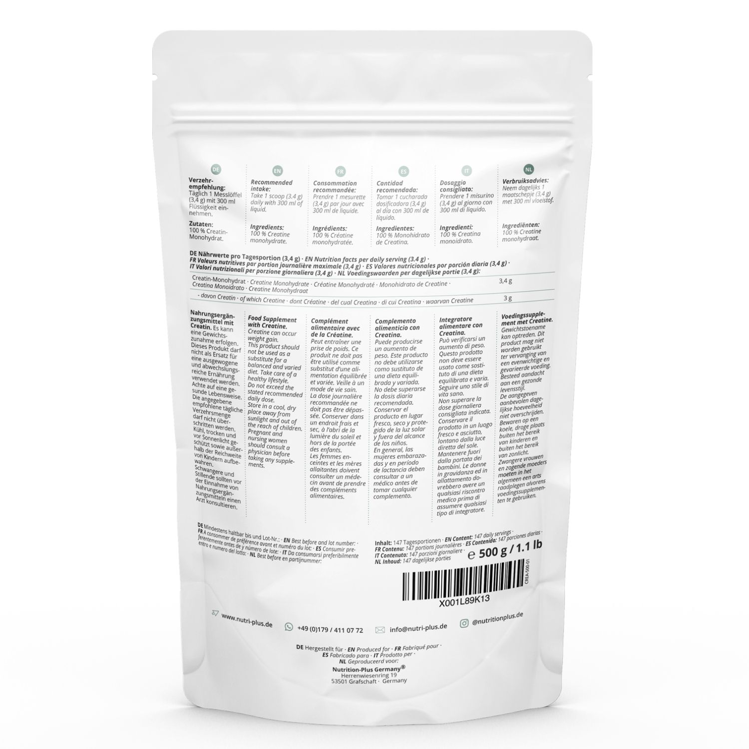 Dos du sachet blanc avec texte. Contient des informations sur les ingrédients, la valeur nutritionnelle et le dosage. 500 g / 1.1 lb.