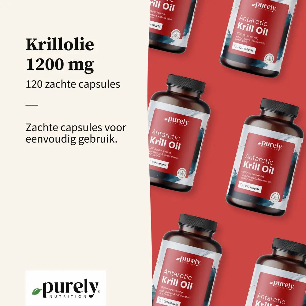 Meerdere flessen met capsules. Opschrift: Krillolie 1200 mg, 120 zachte capsules. Merk: Purely Nutrition.